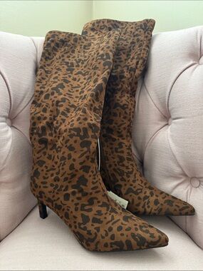 a new day Brown Leopard-Print Pointed-Toe Over-the-Knee Boots